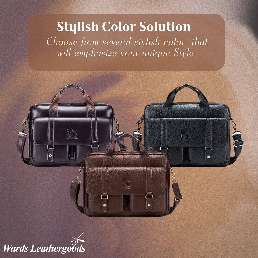 Sterling | Polished Leather Briefcase with Front Buckle Pockets