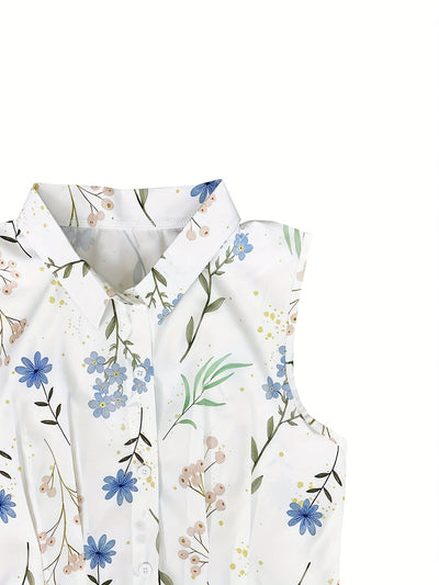 Bliss- Floral Print Collarless Sleeveless Button-Up Shirt Dress